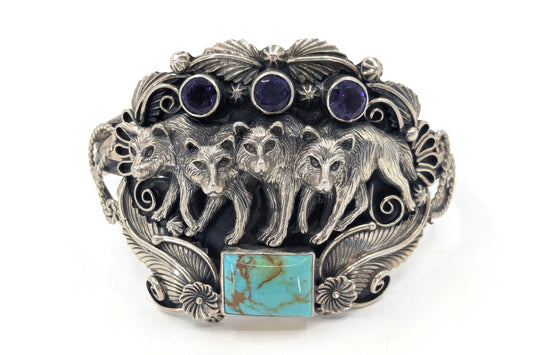 Detailed Four Wolves Cuff with Turquoise and Amethyst