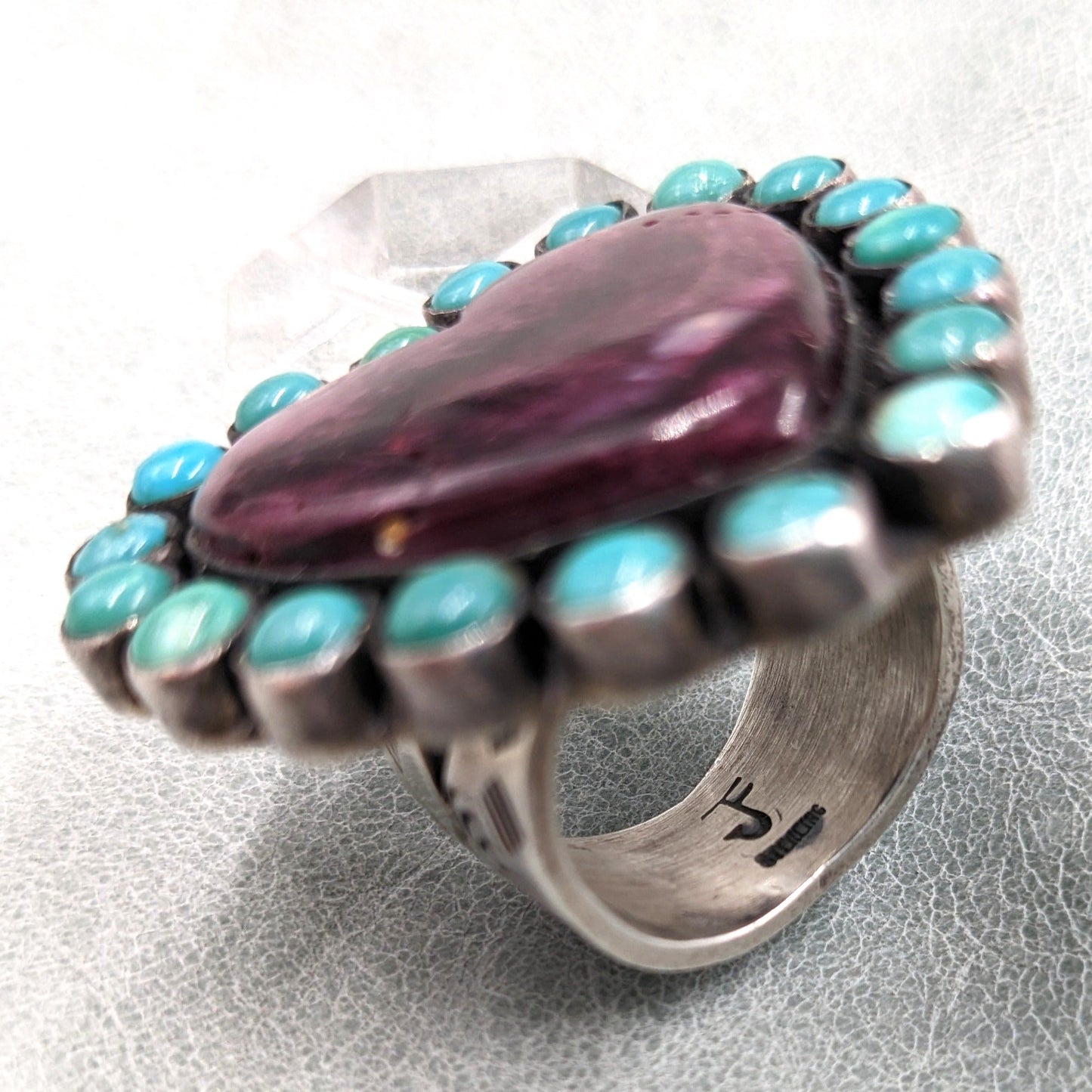 Federico Jimenez - Purple Spiny Oyster, Turquoise, and Sterling Heart Ring, Size 8.5