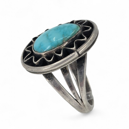 Three Hogans - Vintage Turquoise Sterling Ring, Size 6.75