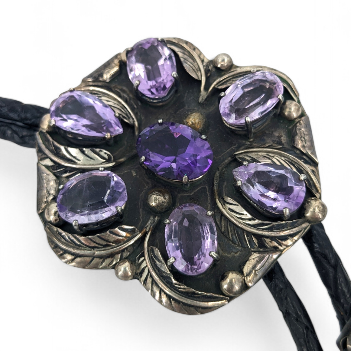 Eye-catching Vintage Amethyst 7-stone, Sterling Bolo