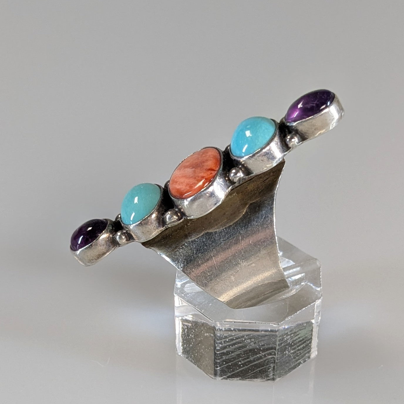 Nakai - Turquoise, Orange Spiny Oyster, Amethyst, Sterling Ring, Size Adjustable