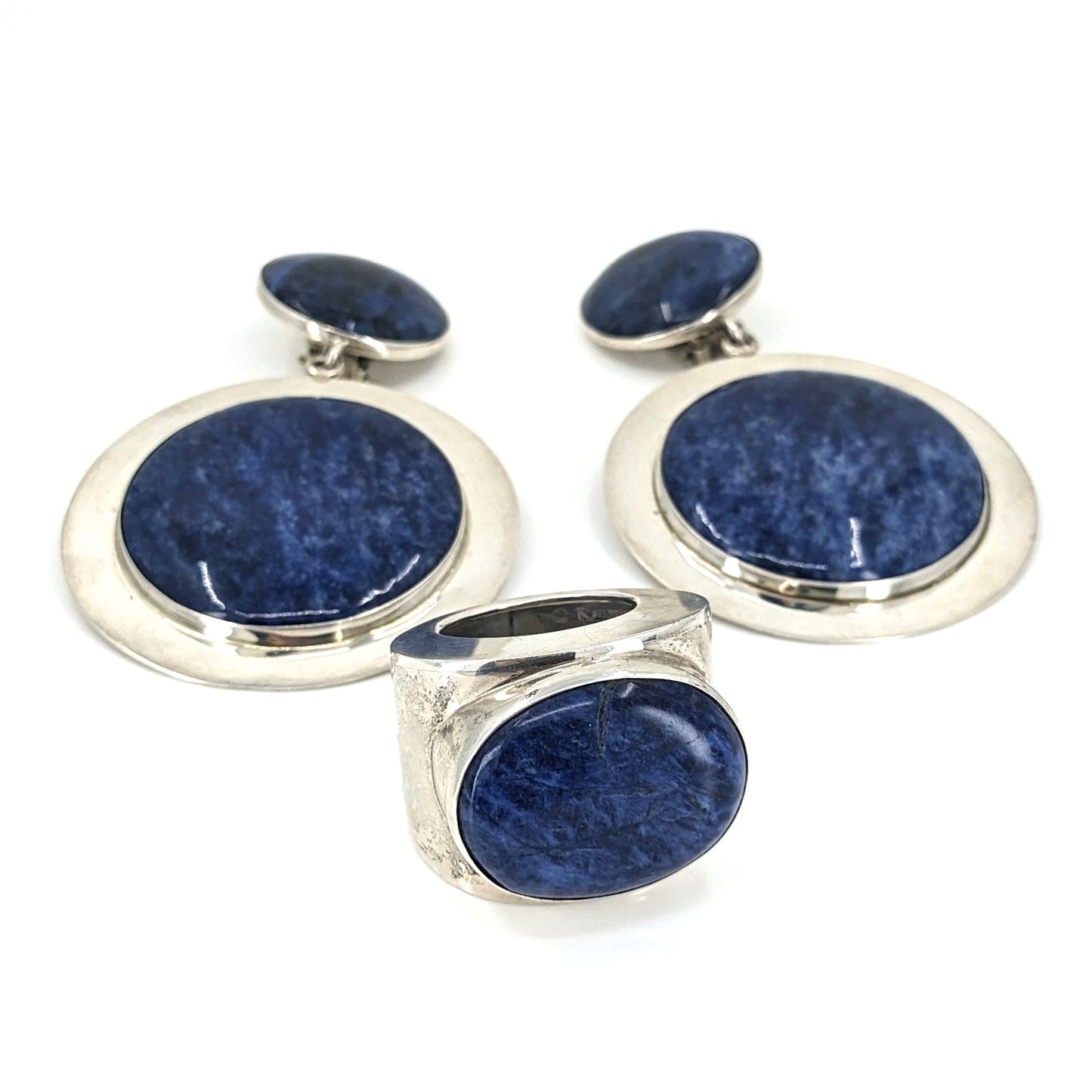 Harlene Korey (Kalibre 1985) - Sterling and Sodalite Ring (Size 8.75) & Earrings Statement Set