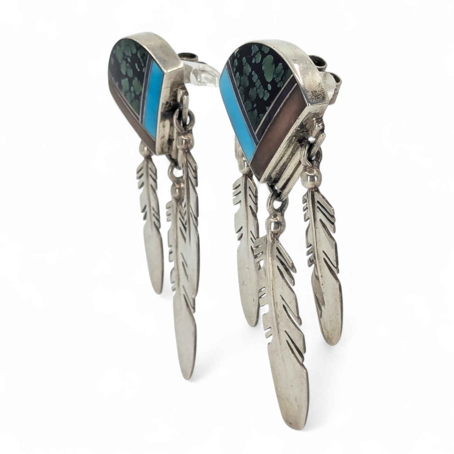 Ray Tracey - Sterling & Multi-stone Feather Dangle Earrings