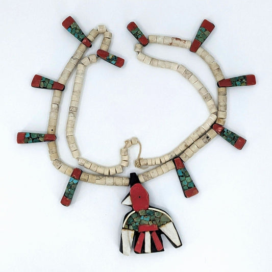 Santo Domingo (Kewa) Depression Era Turquoise and Repurposed Materials Thunderbird Necklace, c. 1930s