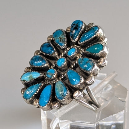 Shirley M. Bahe - Vintage Turquoise Cluster and Sterling Ring, c. 1960s-70s, Size 7