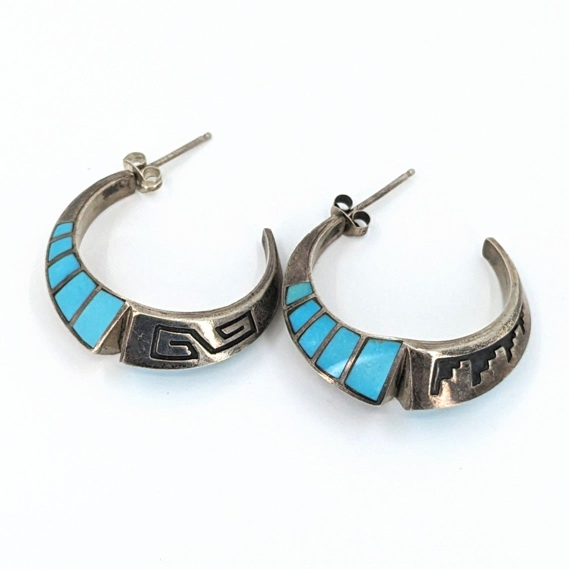 Lonn Parker - Turquoise Inlay and Sterling Overlay Half-Hoop Earrings