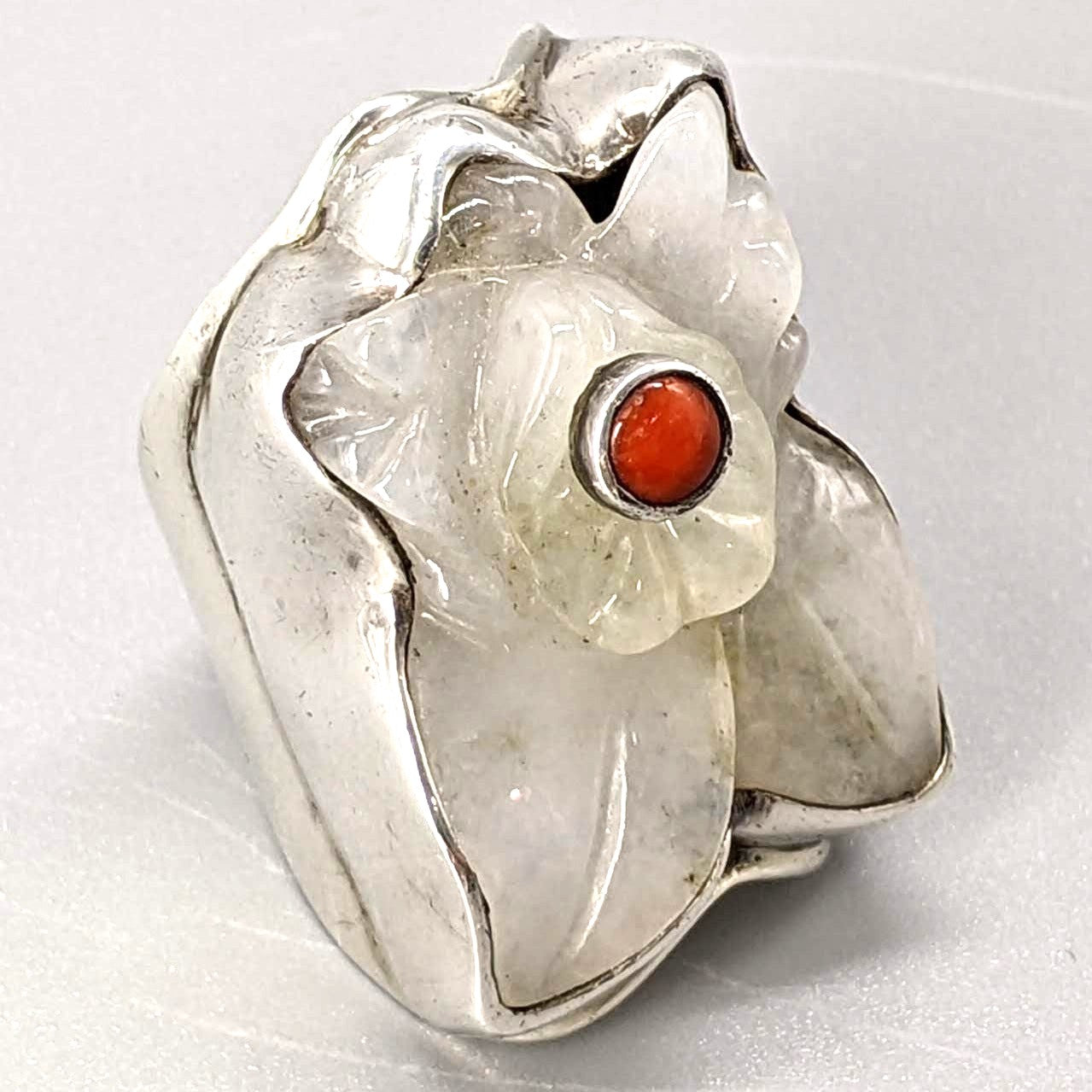 Darla Nordstrom - Jadeite (?), Coral, and Sterling Flower Ring, Size 7