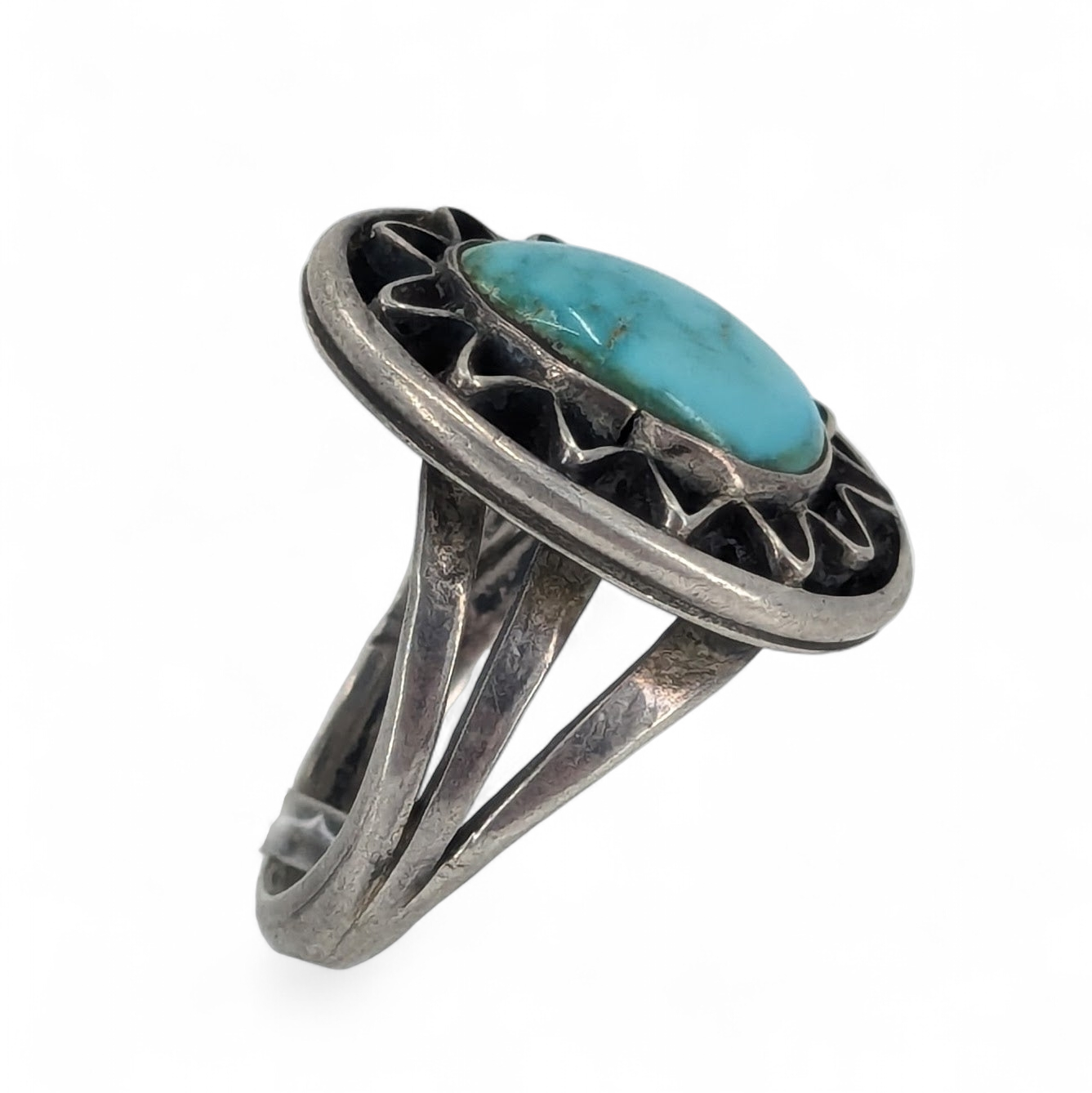 Three Hogans - Vintage Turquoise Sterling Ring, Size 6.75