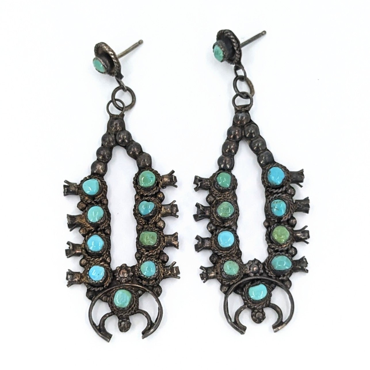 Vintage Miniature Turquoise and Sterling Squash Blossom Earrings