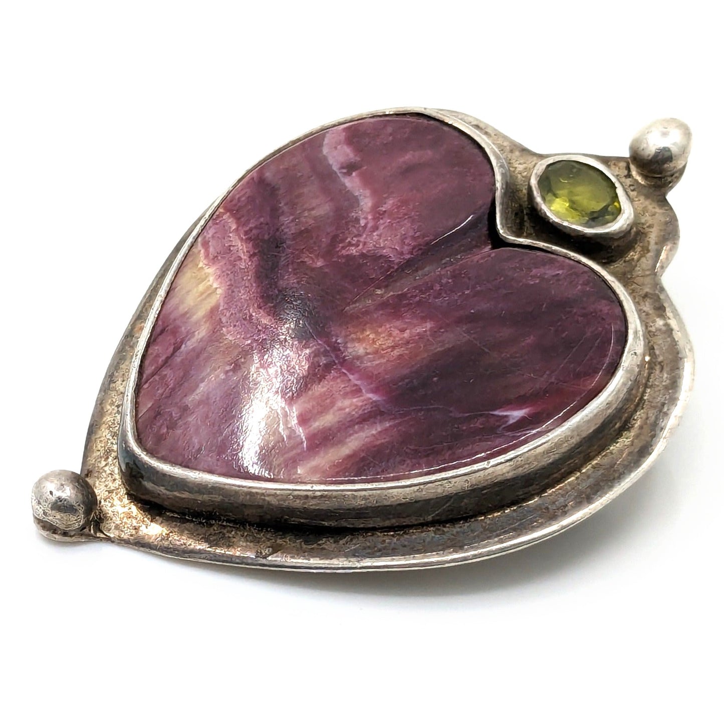 Echo of the Dreamer - Purple Spiny Oyster Heart Convertible Pendant/Brooch With Peridot