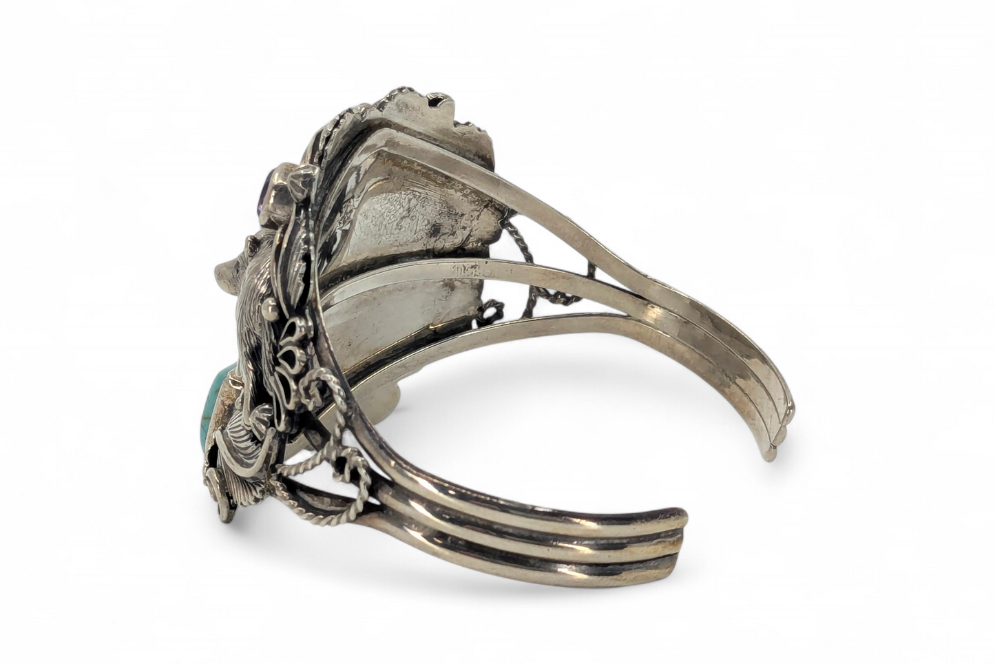 Detailed Four Wolves Cuff with Turquoise and Amethyst