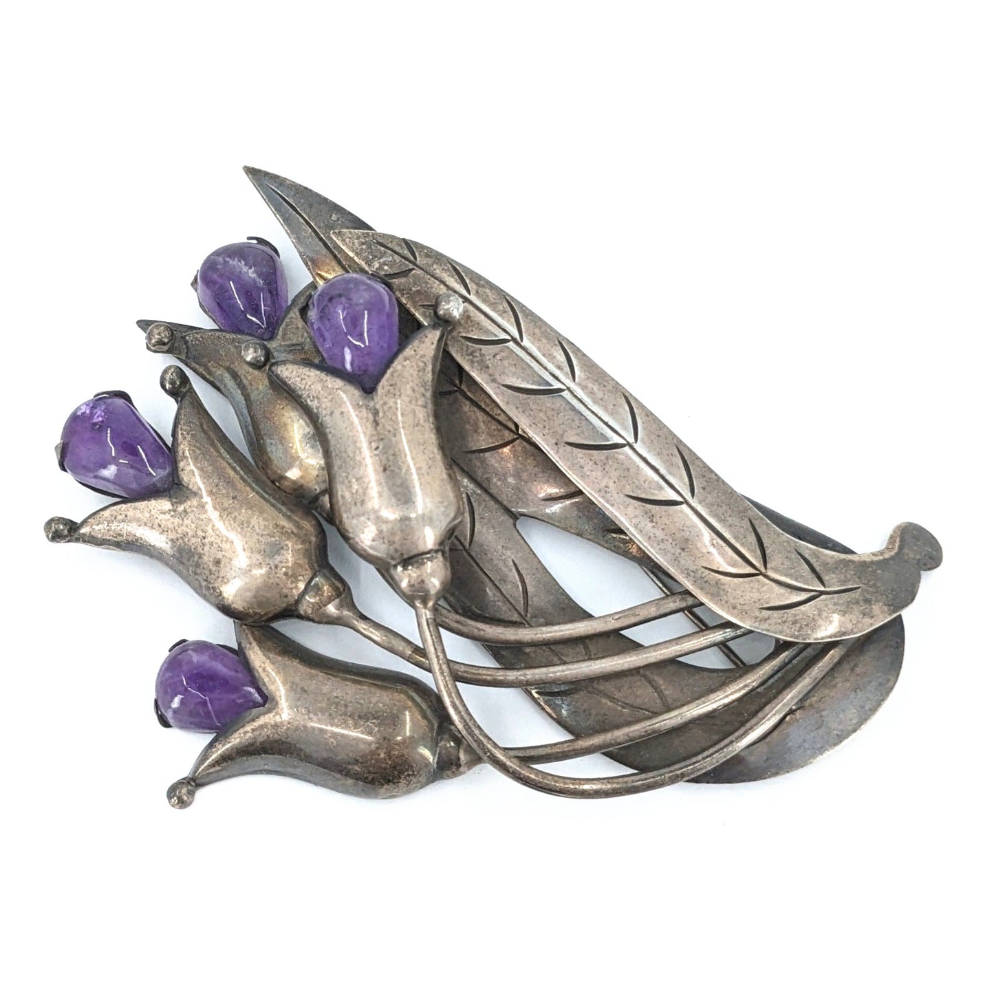 Valentin Vidaurreta (Attributed) - Vintage Taxco Sterling and Amethyst Tulip Brooch, c. 1930-40s