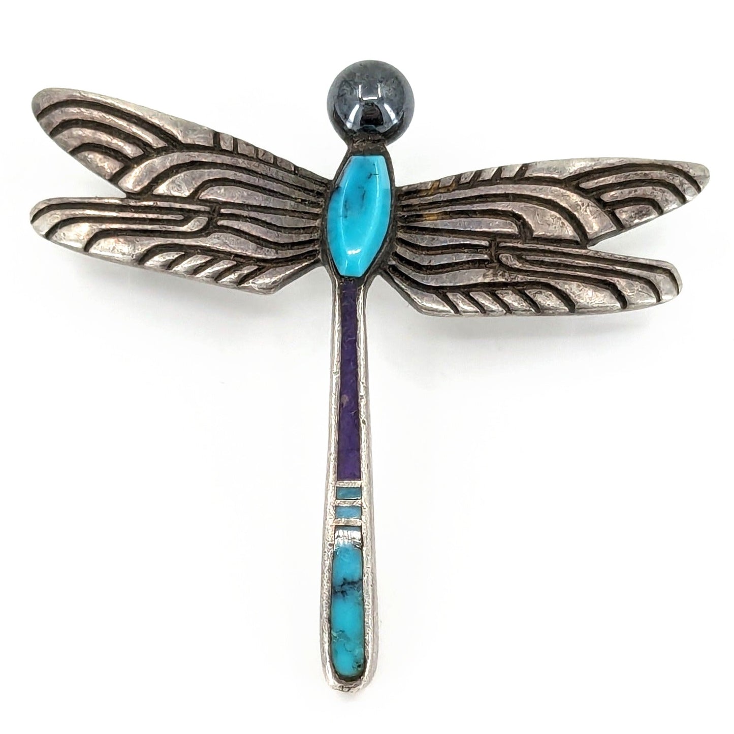 Ray Tracey - Delicate Turquoise, Sugilite, and Sterling Dragonfly Pendant