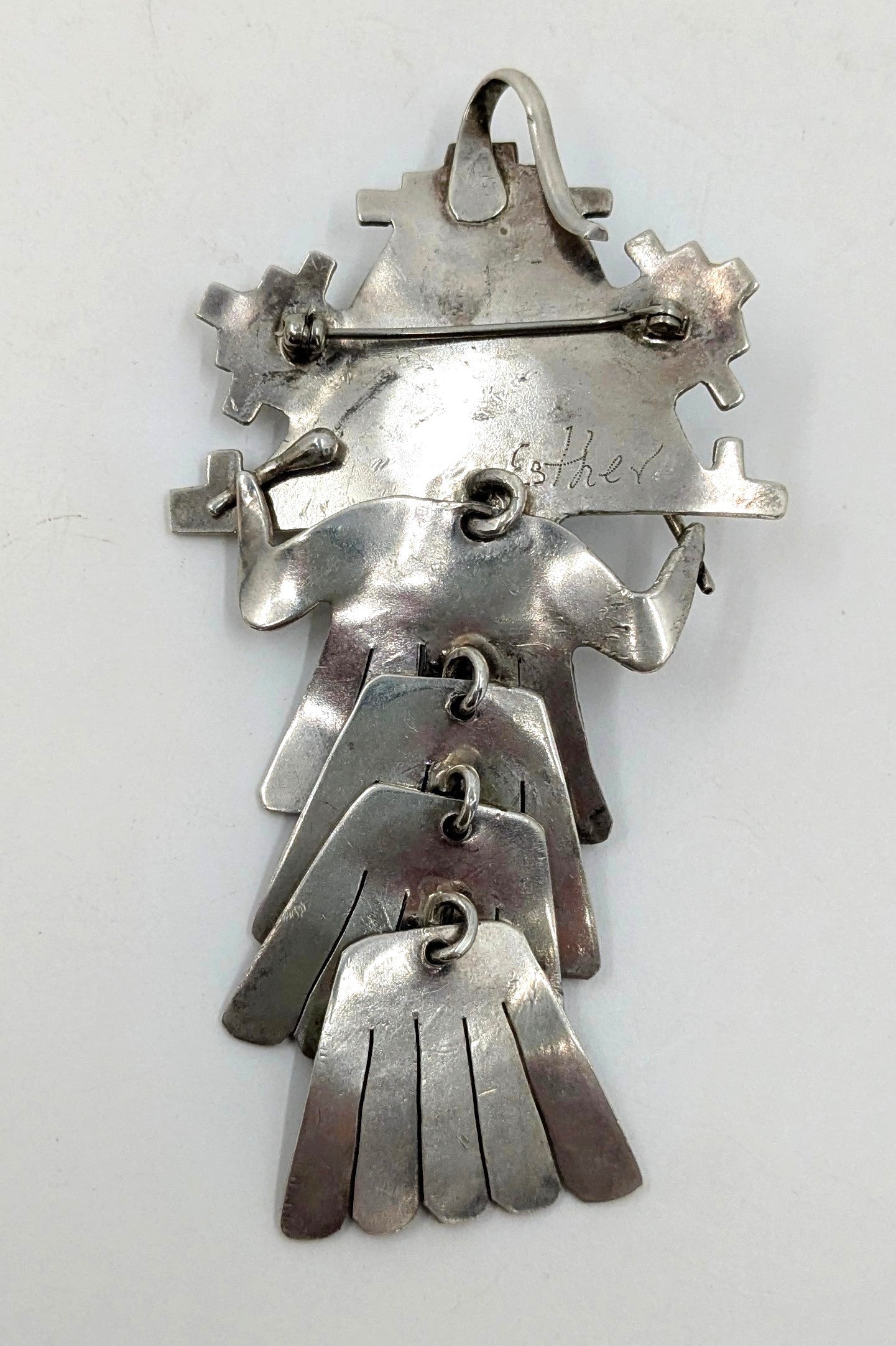 Esther Wood (Navajo) - Turquoise and Sterling Articulated Shalako Kachina Pendant/Brooch