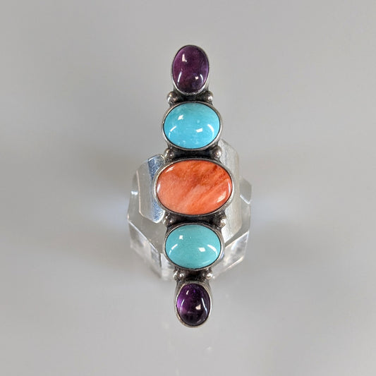 Nakai - Turquoise, Orange Spiny Oyster, Amethyst, Sterling Ring, Size Adjustable