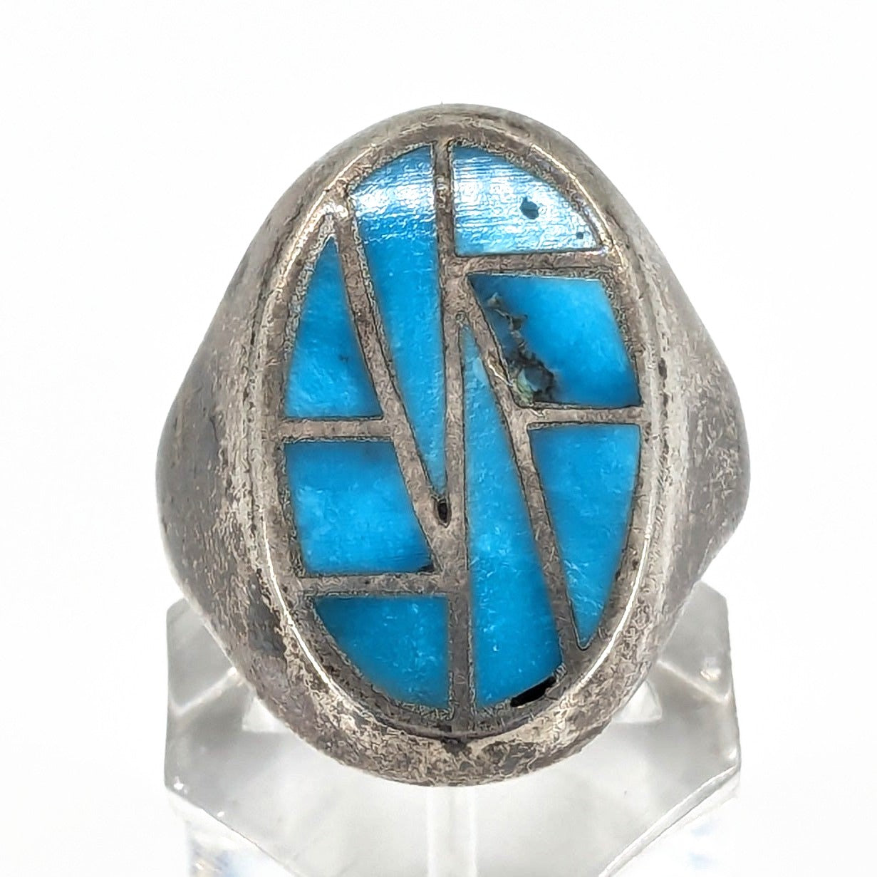 Vintage Navajo Sterling and Turquoise Inlay Ring, c. 1960s, Size 12.25