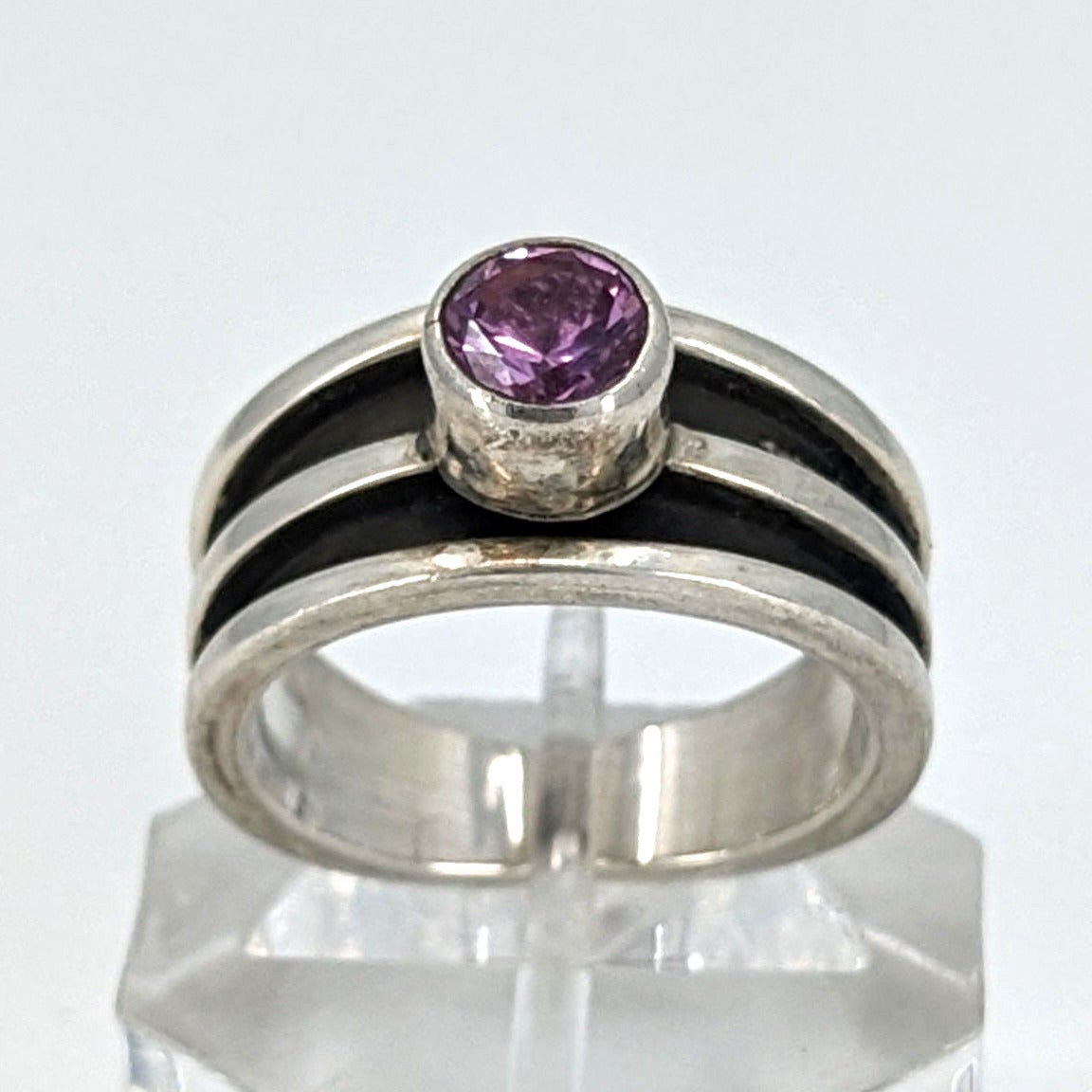 Tom Hawk - Light Pink/Purple Amethyst or CZ (?) Sterling Channel Ring, Size 7.25