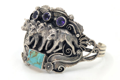 Detailed Four Wolves Cuff with Turquoise and Amethyst