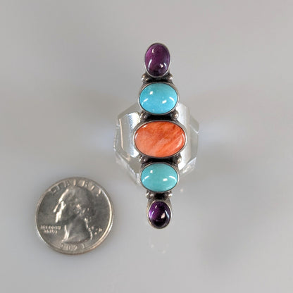 Nakai - Turquoise, Orange Spiny Oyster, Amethyst, Sterling Ring, Size Adjustable