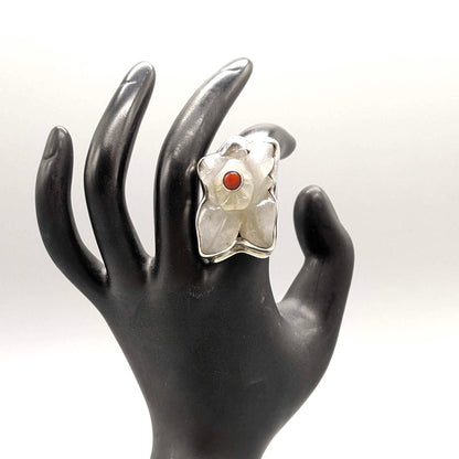 Darla Nordstrom - Jadeite (?), Coral, and Sterling Flower Ring, Size 7