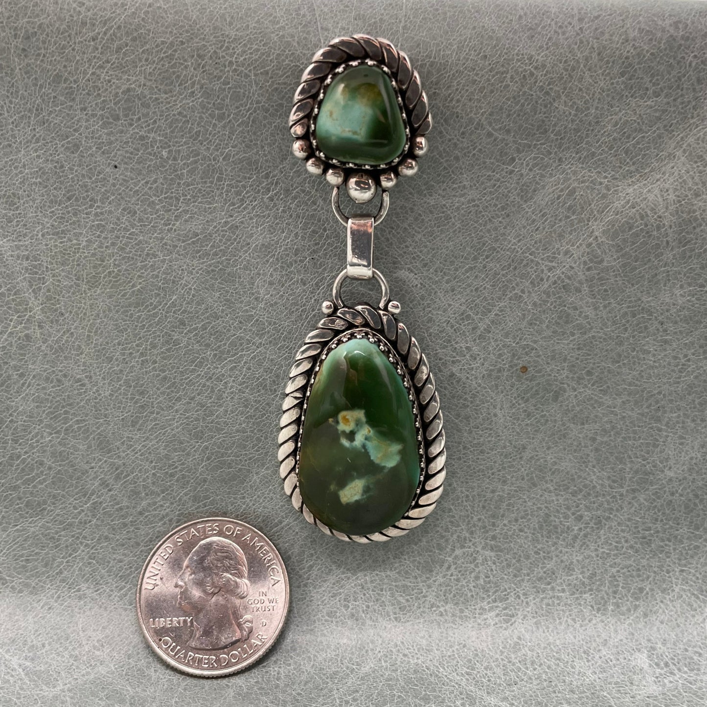 3 inch Sterling Silver pendant set with two stunning Royston Turquoise stones by Anglo artisan John Hartman of Durango Silver Company