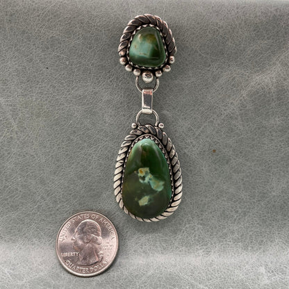 3 inch Sterling Silver pendant set with two stunning Royston Turquoise stones by Anglo artisan John Hartman of Durango Silver Company