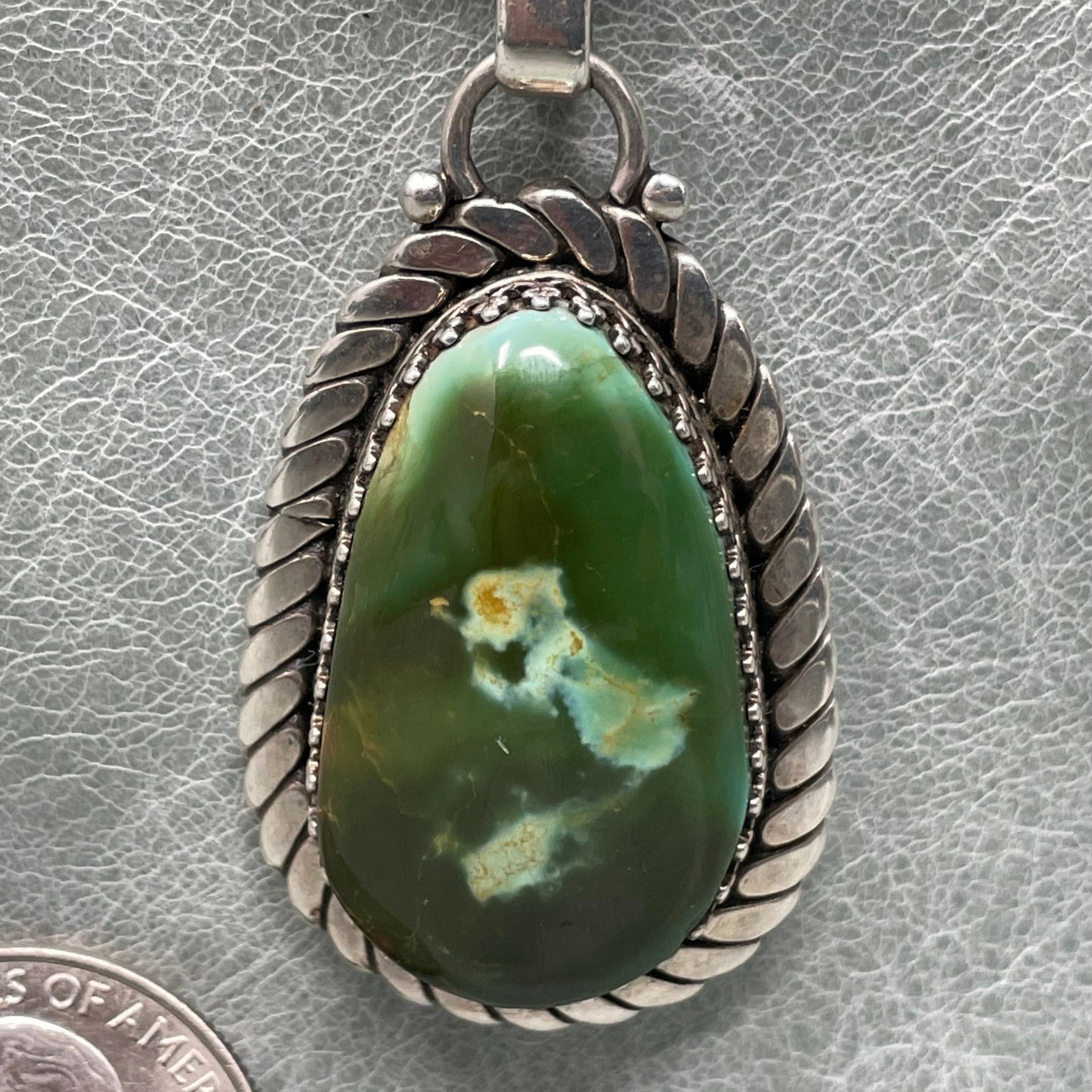 3 inch Sterling Silver pendant set with two stunning Royston Turquoise stones by Anglo artisan John Hartman of Durango Silver Company - bottom stone close up