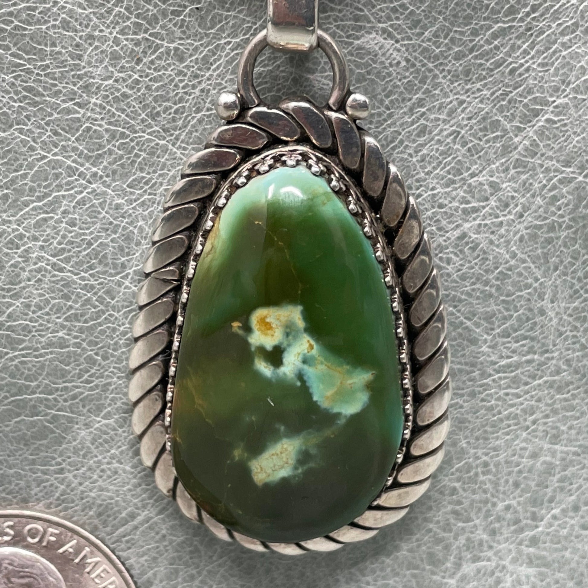 3 inch Sterling Silver pendant set with two stunning Royston Turquoise stones by Anglo artisan John Hartman of Durango Silver Company - bottom stone close up