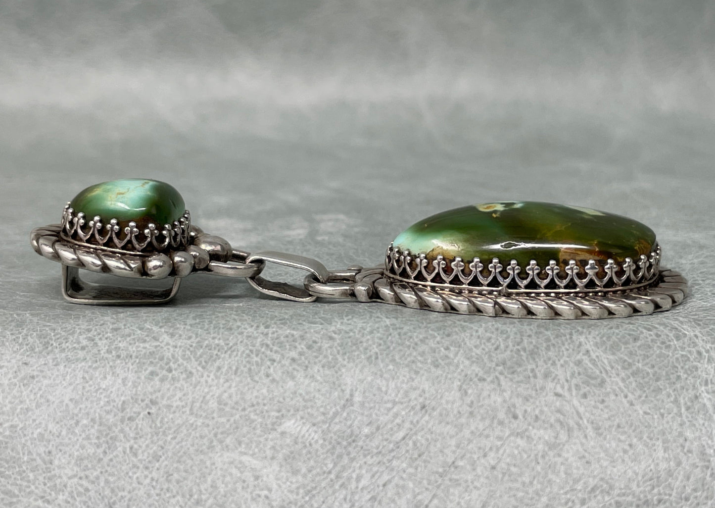3 inch Sterling Silver pendant set with two stunning Royston Turquoise stones by Anglo artisan John Hartman of Durango Silver Company - right side view