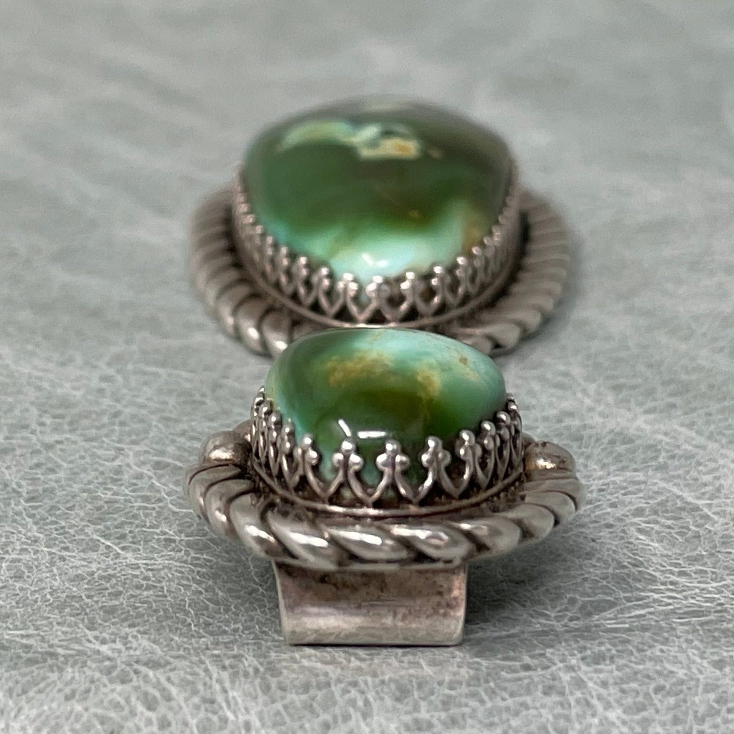 3 inch Sterling Silver pendant set with two stunning Royston Turquoise stones by Anglo artisan John Hartman of Durango Silver Company - top down view