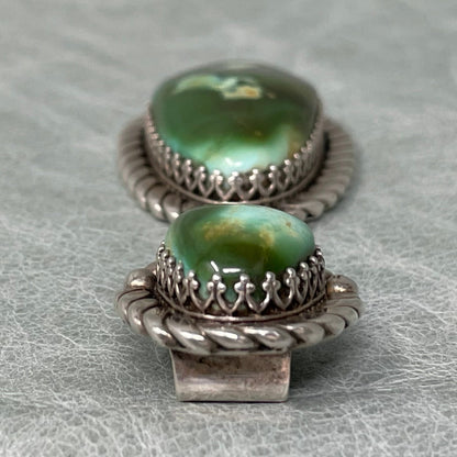 3 inch Sterling Silver pendant set with two stunning Royston Turquoise stones by Anglo artisan John Hartman of Durango Silver Company - top down view