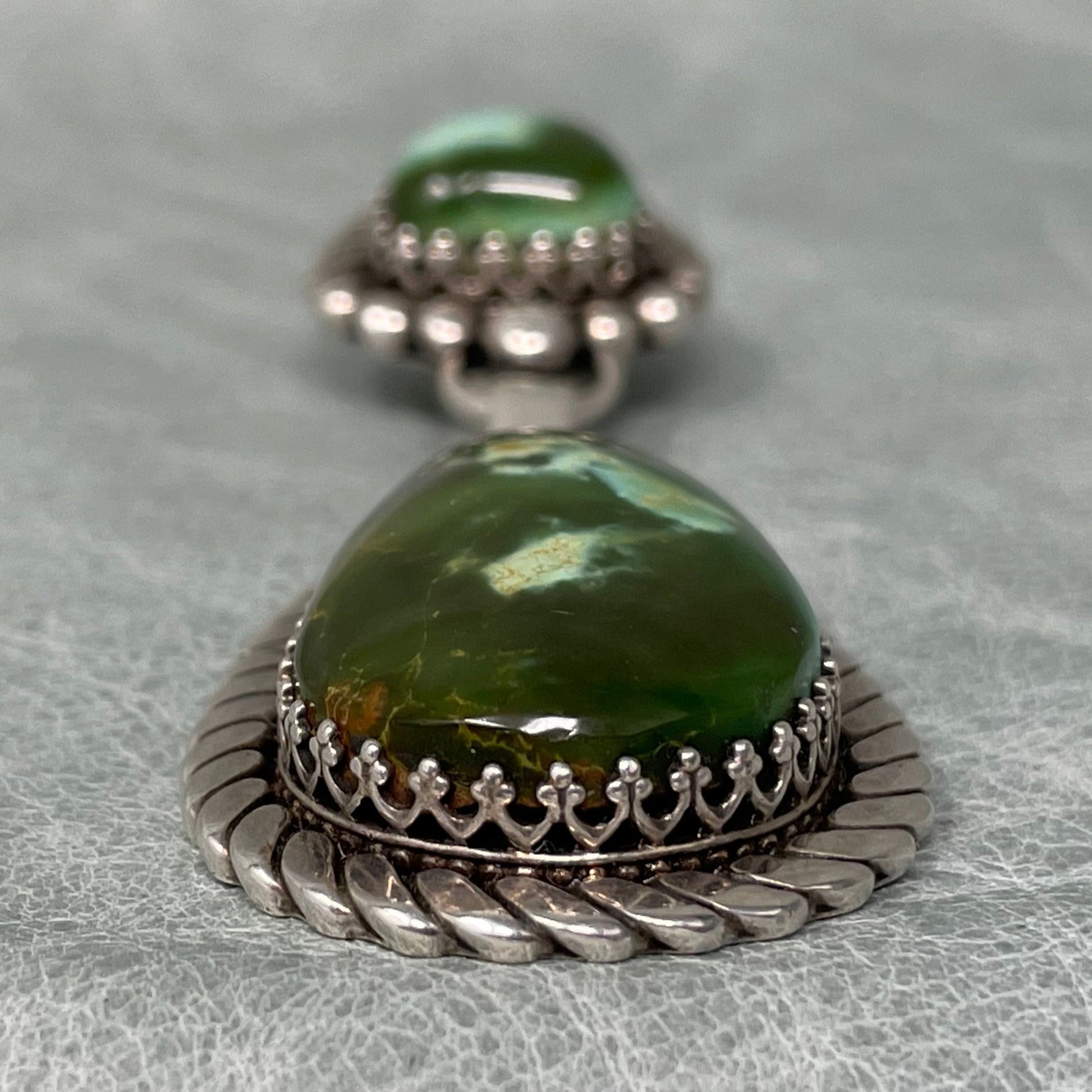 3 inch Sterling Silver pendant set with two stunning Royston Turquoise stones by Anglo artisan John Hartman of Durango Silver Company - bottom up view